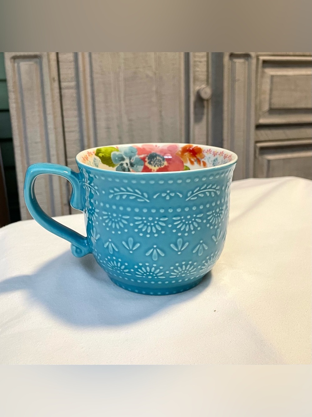 *Retired* Pioneer Woman Wildflower Whimsy Mug/Cup-16oz-Turquoise/Embossed/Floral - Picture 3 of 8